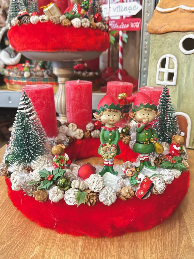 Adventi koszorú manókkal, piros-zöld, 28cm 1