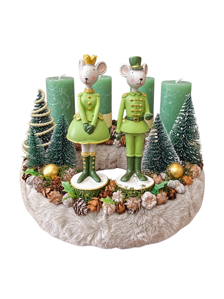 Adventi koszorú egér királyi párral, zöld-fehér, 28cm 1