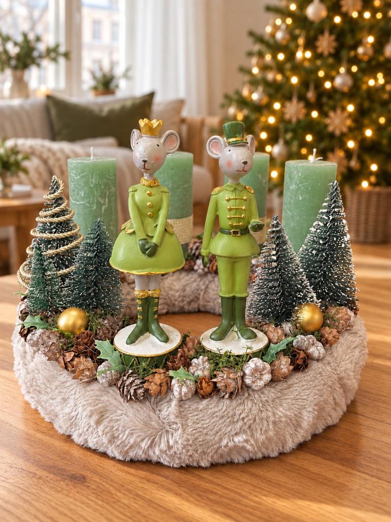 Adventi koszorú egér királyi párral, zöld-fehér, 28cm 1