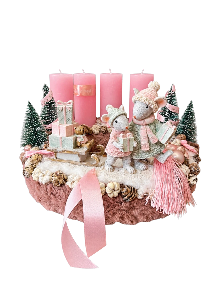 Adventi koszorú egérpárral és szánkóval, pasztell rózsaszín, 28cm 1
