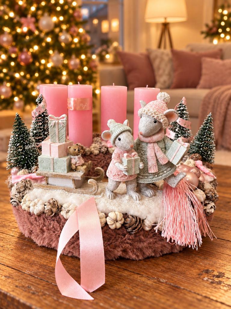 Adventi koszorú egérpárral és szánkóval, pasztell rózsaszín, 28cm 1