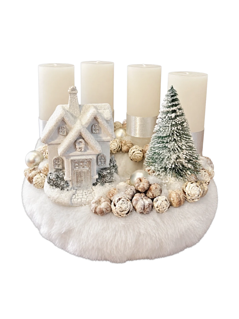 Adventi koszorú havas házikóval, ezüst-fehér, 24cm 1
