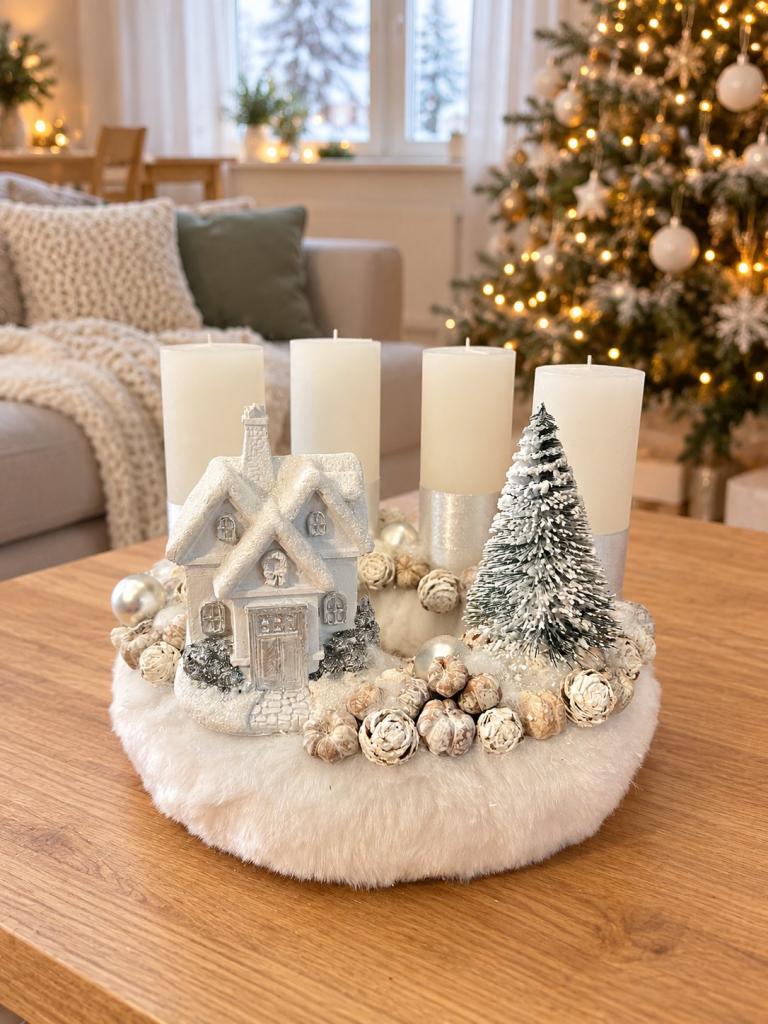 Adventi koszorú havas házikóval, ezüst-fehér, 24cm 1
