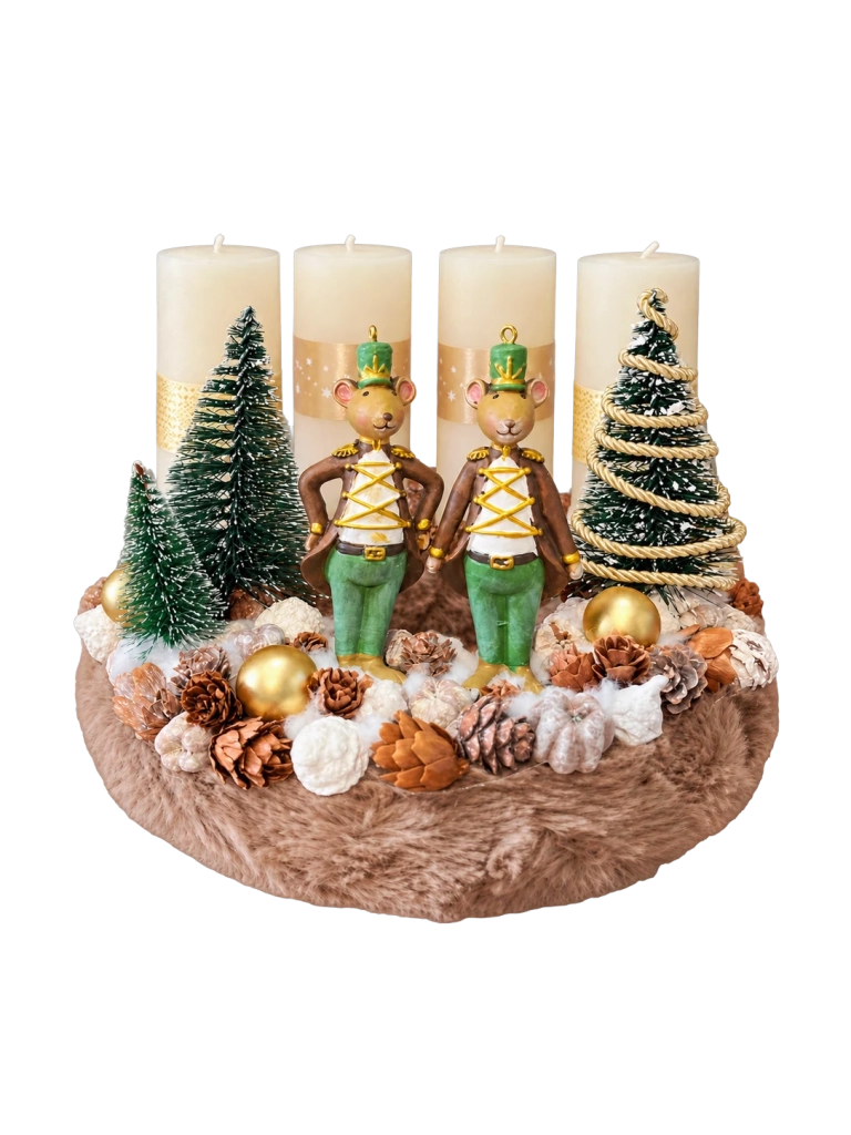 Adventi koszorú katona egerekkel, bézs-zöld, 24cm 1