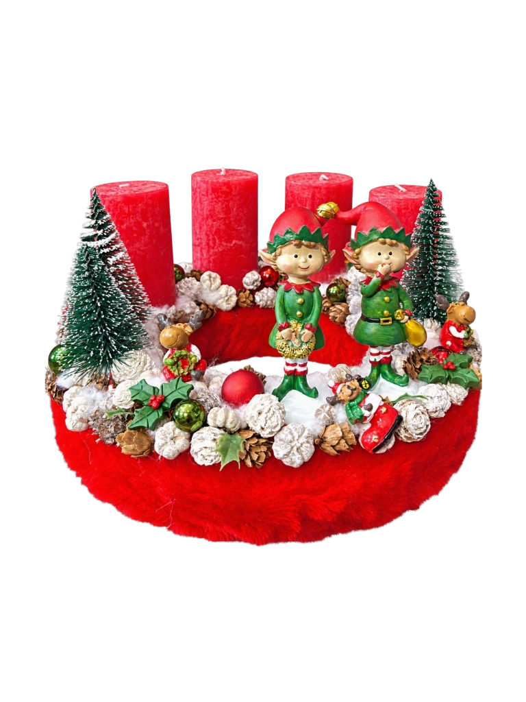 Adventi koszorú manókkal, piros-zöld, 28cm 1