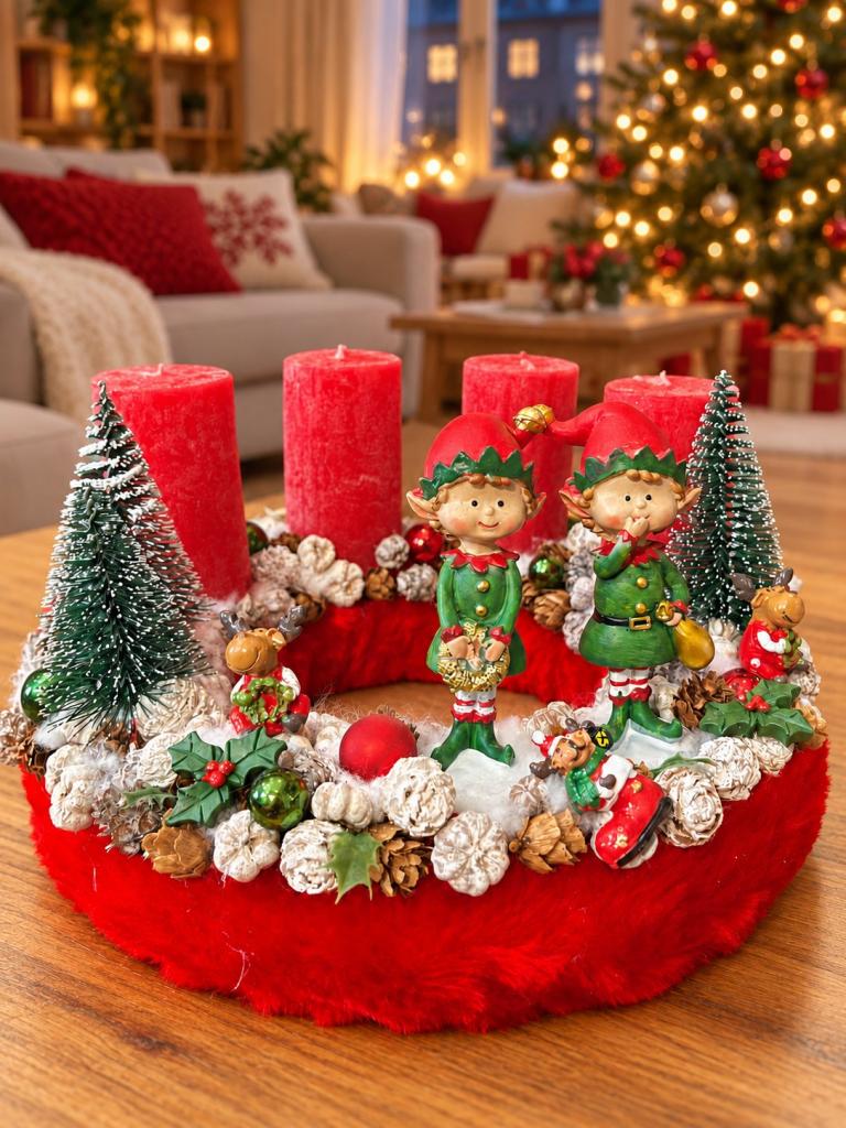 Adventi koszorú manókkal, piros-zöld, 28cm 1