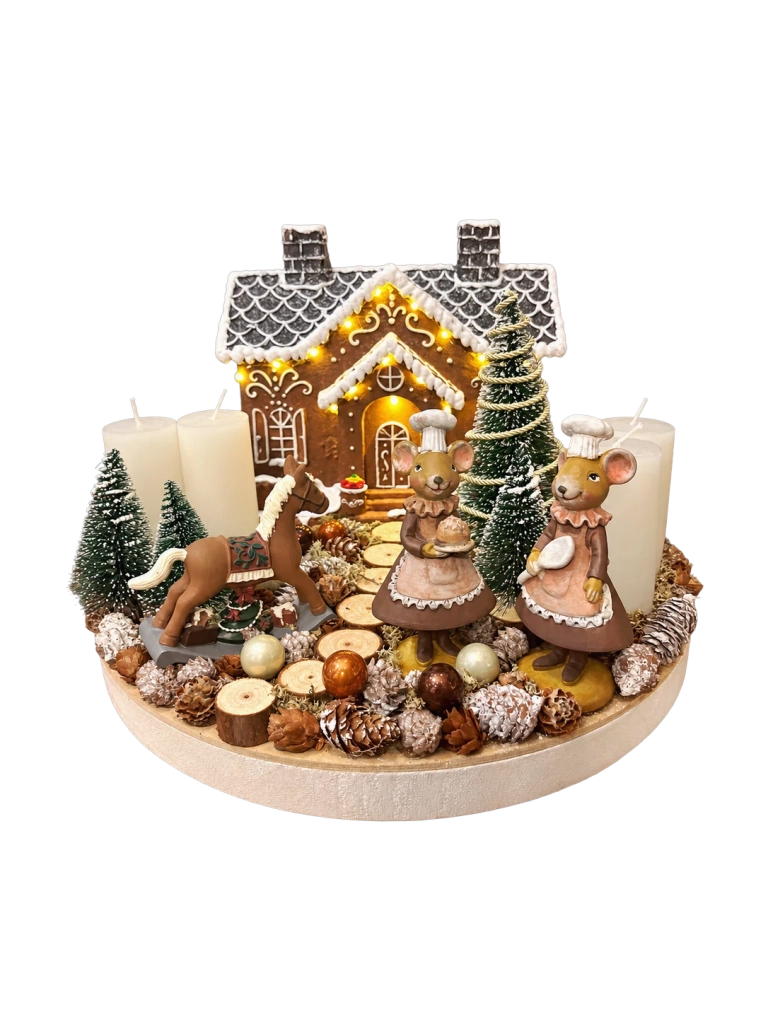 Adventi koszorú mézeskalács házikóval és pék egerekkel, fatálcán, 35cm 1