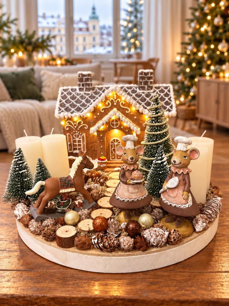 Adventi koszorú mézeskalács házikóval és pék egerekkel, fatálcán, 35cm 1