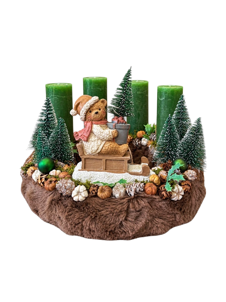 Adventi koszorú szánkózó macival, zöld-barna, 28cm 1