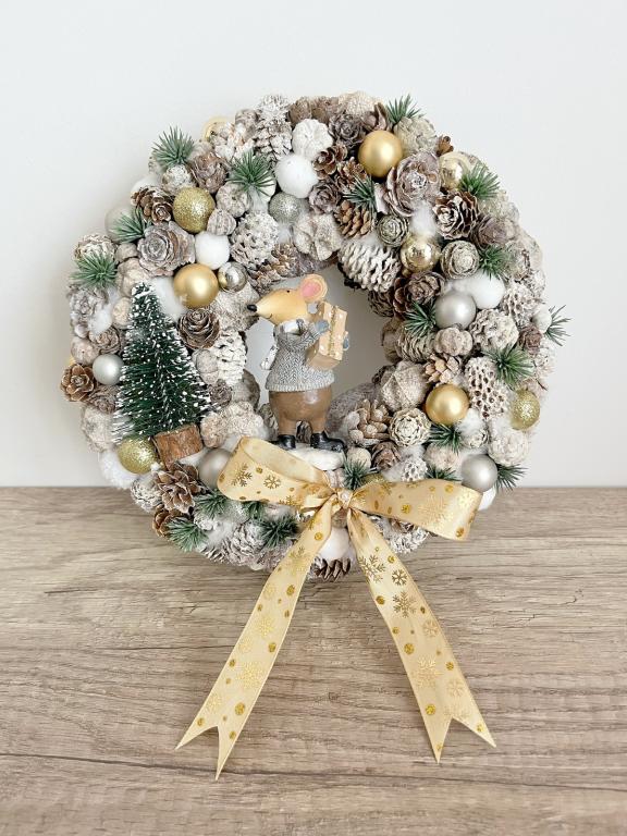 Fehér-arany-szürke adventi kopogató egérrel, 23cm