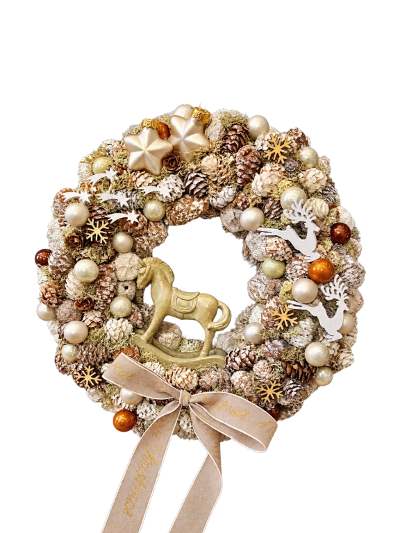 Adventi kopogtató hintalóval, pezsgő-bézs, 28cm