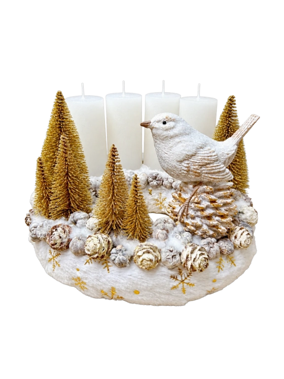 Adventi koszorú arany-fehér madárral