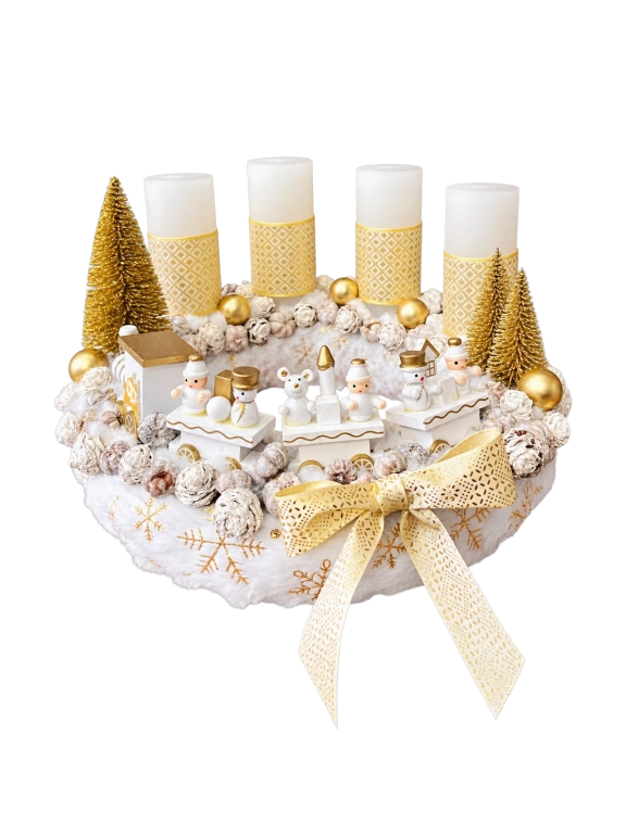 Adventi koszorú arany-fehér vonattal