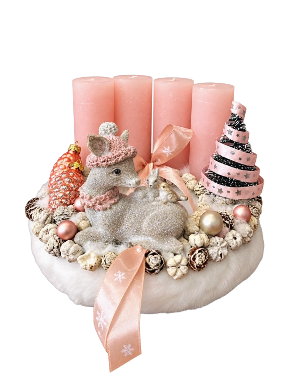 Adventi koszorú csillogó őzikével, púder-ezüst, 24cm