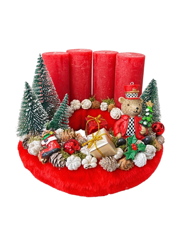 Adventi koszorú diótörő macival, piros-zöld, 24cm