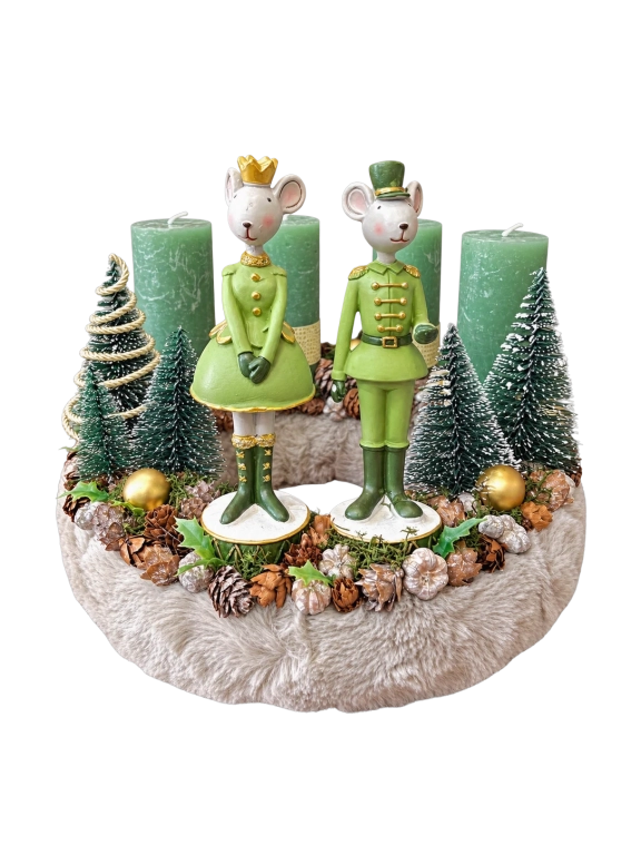 Adventi koszorú egér királyi párral, zöld-fehér, 28cm