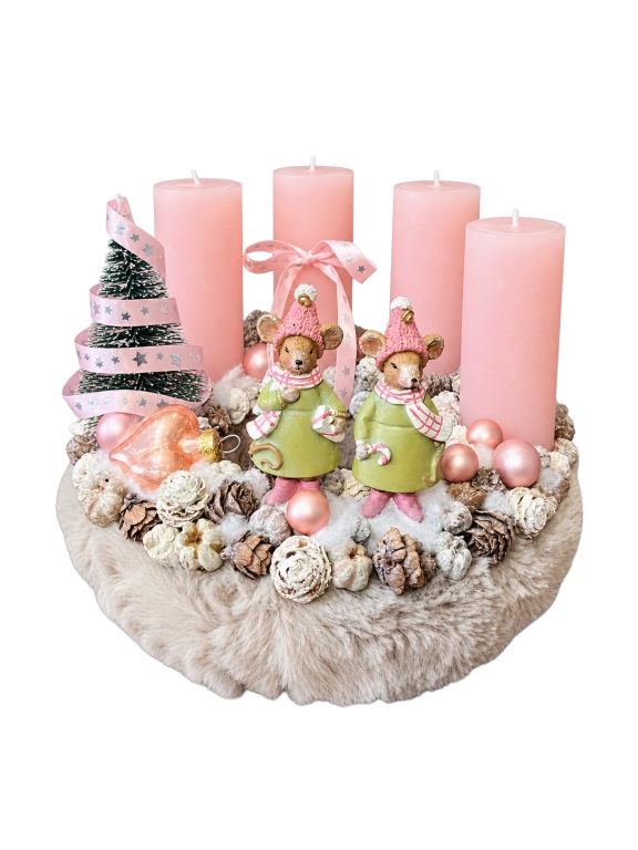 Adventi koszorú egérpárral, púder-zöld, 24cm