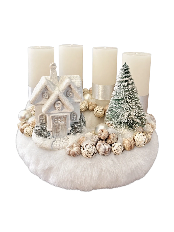 Adventi koszorú havas házikóval, ezüst-fehér, 24cm