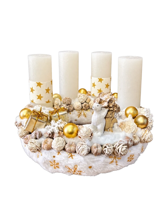 Adventi koszorú jegesmedvével és mókussal, fehér-arany, 28cm