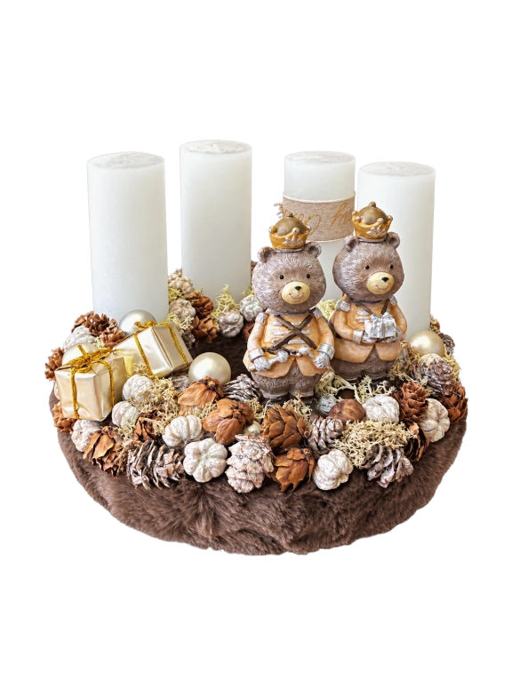 Adventi koszorú maci királyi párral, barna-fehér, 24cm