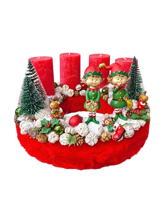 Adventi koszorú manókkal, piros-zöld, 28cm