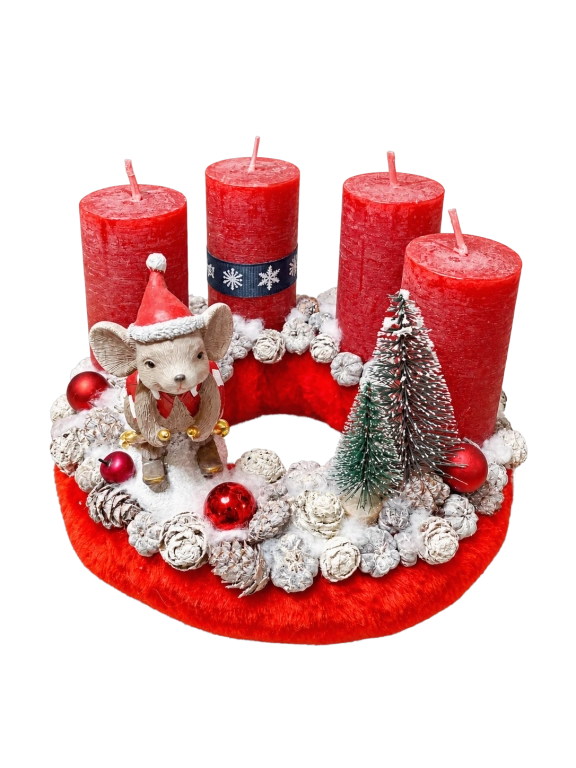 Adventi koszorú síelő egérrel piros színű
