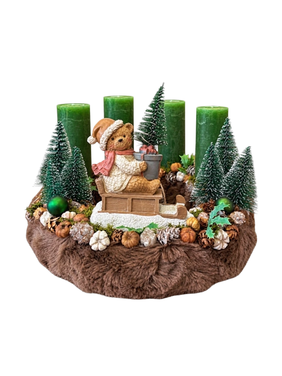 Adventi koszorú szánkózó macival, zöld-barna, 28cm
