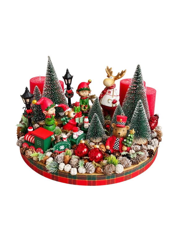 Piros-zöld adventi koszorú manóváros 35x27cm