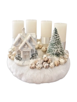 Adventi koszorú havas házikóval, ezüst-fehér, 24cm 1