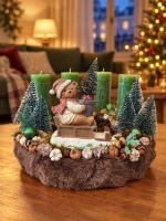 Adventi koszorú szánkózó macival, zöld-barna, 28cm 2