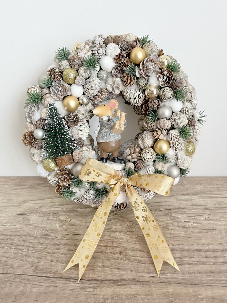 Fehér-arany-szürke adventi kopogató egérrel, 23cm 1