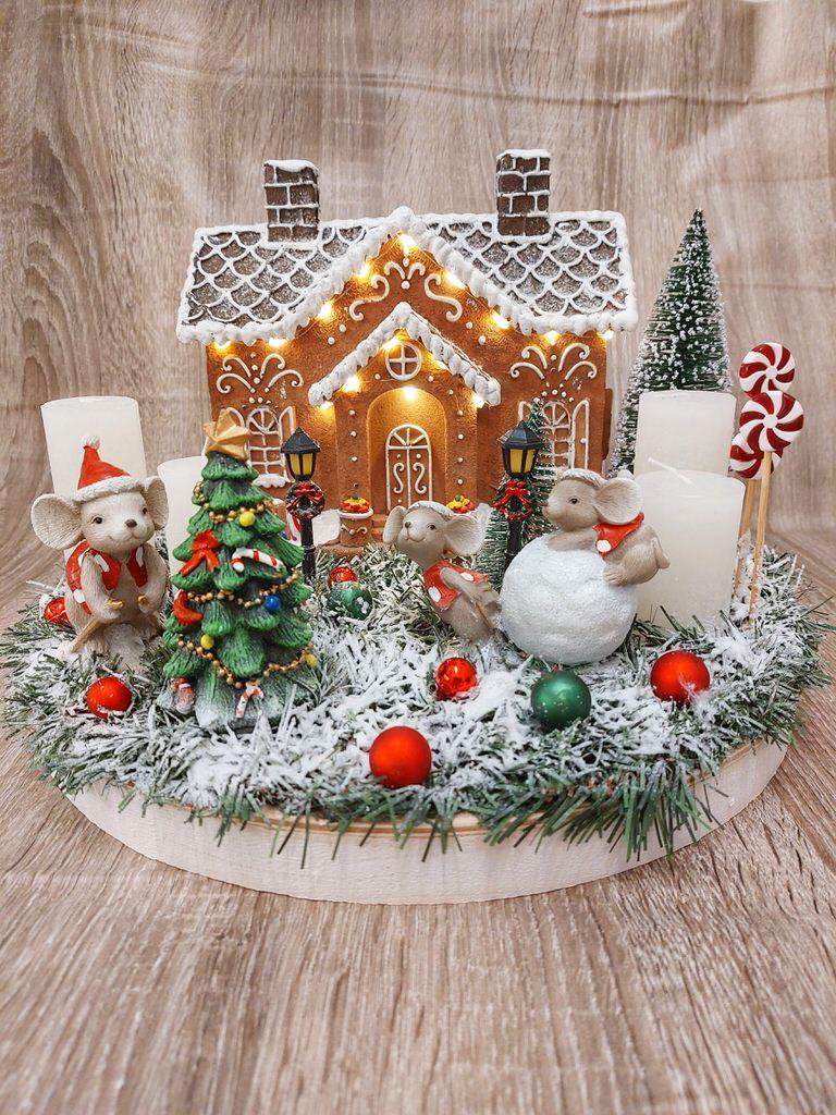 Mézeskalácsház adventi koszorú egérrel 1