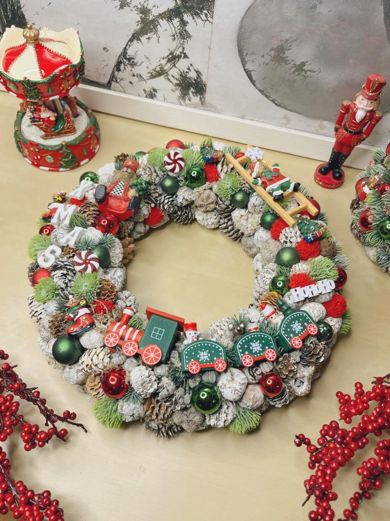 Karácsonyi kavalkád vonattal, adventi kopogtató ajtóra 35cm 1