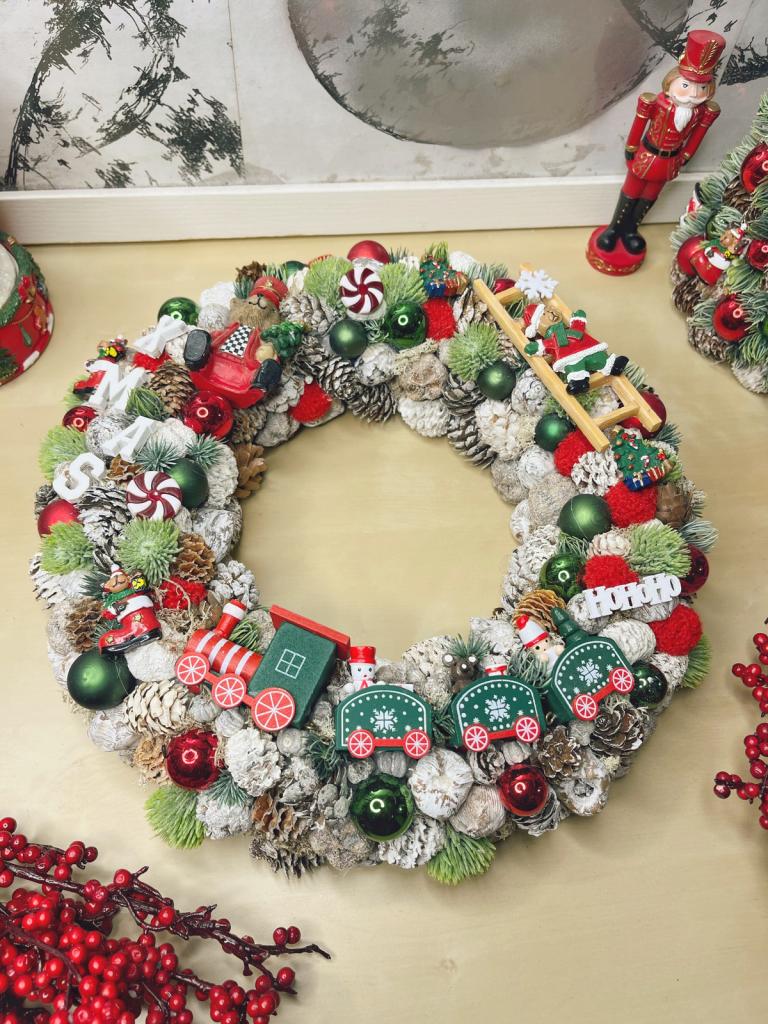 Karácsonyi kavalkád vonattal, adventi kopogtató ajtóra 35cm 1