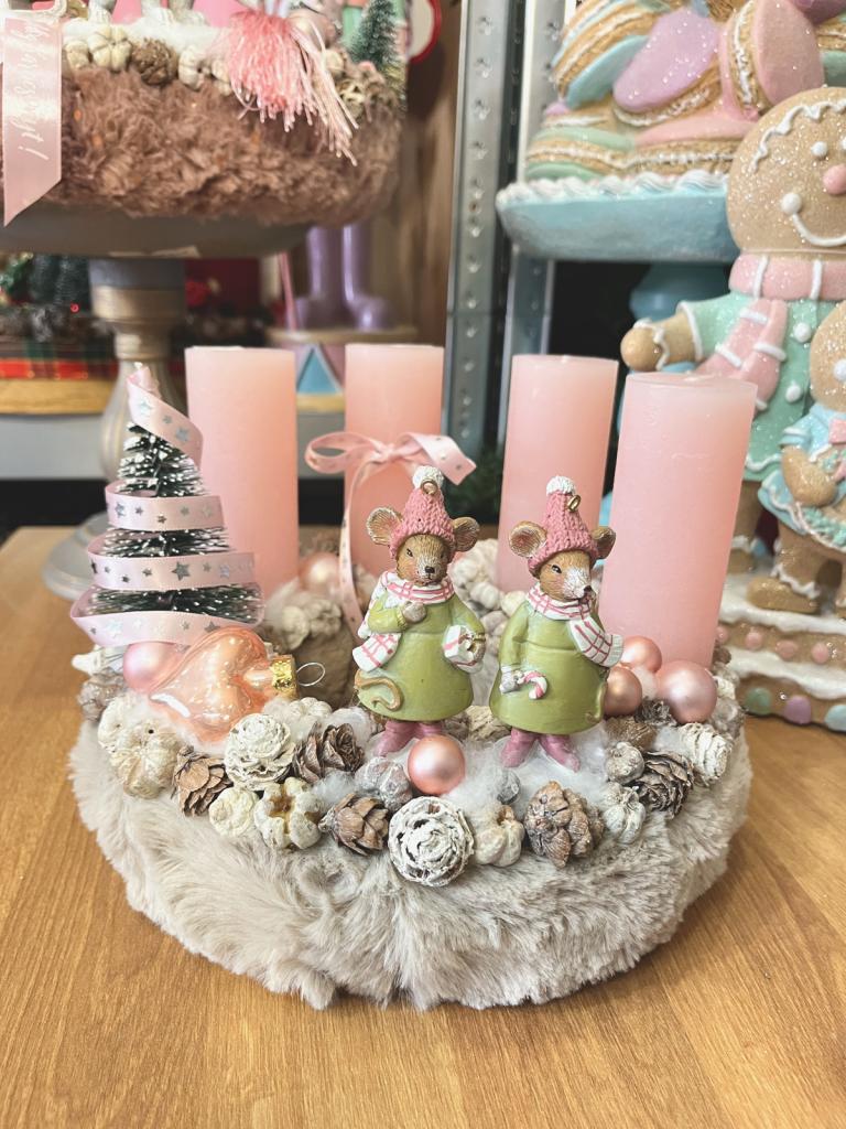 Adventi koszorú egérpárral, púder-zöld, 24cm 1