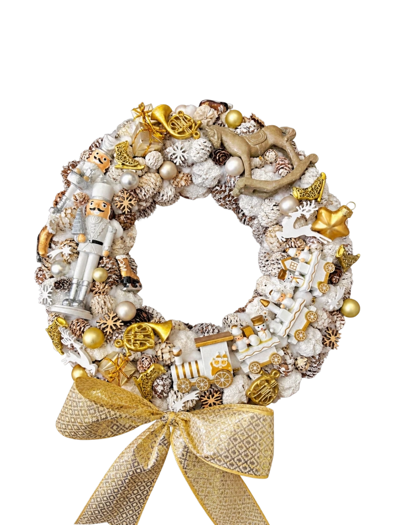 Adventi kopogtató diótörővel és vonattal, fehér-arany, 34cm 1