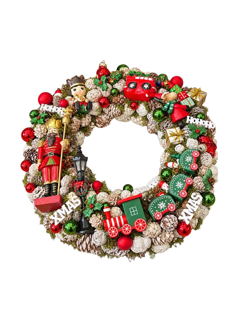 Adventi kopogtató diótörővel és vonattal, piros-zöld, 34cm 1