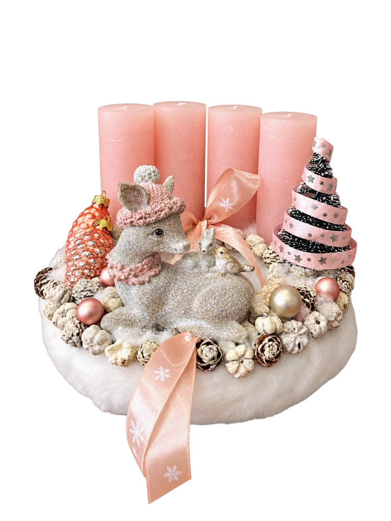 Adventi koszorú csillogó őzikével, púder-ezüst, 24cm 1