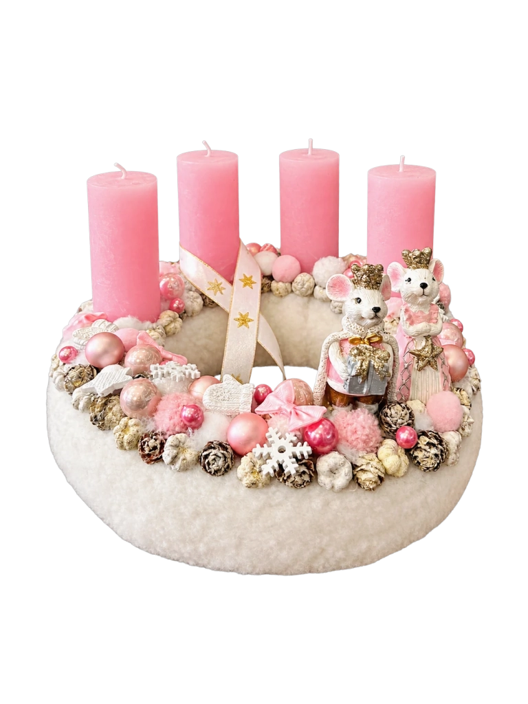 Adventi koszorú egér királyi párral, pasztell rózsaszín, 28cm 1