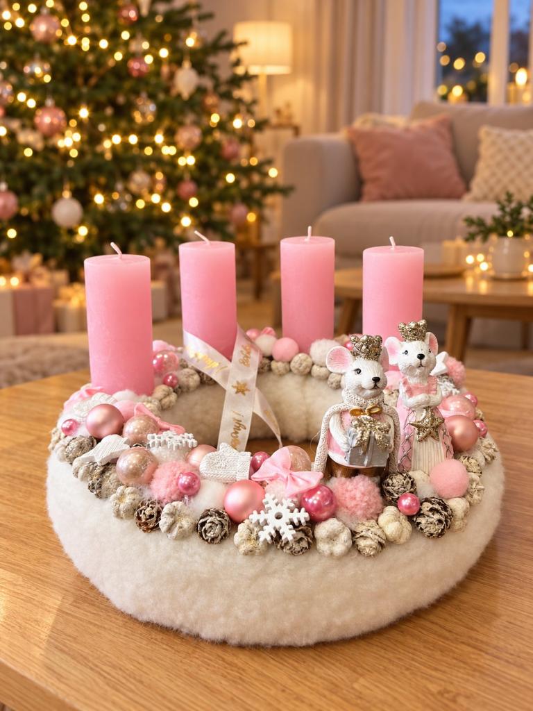 Adventi koszorú egér királyi párral, pasztell rózsaszín, 28cm 1