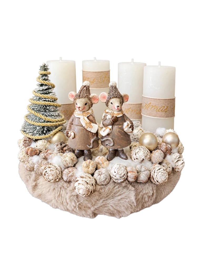 Adventi koszorú egérpárral, bézs-krém, 24cm 1