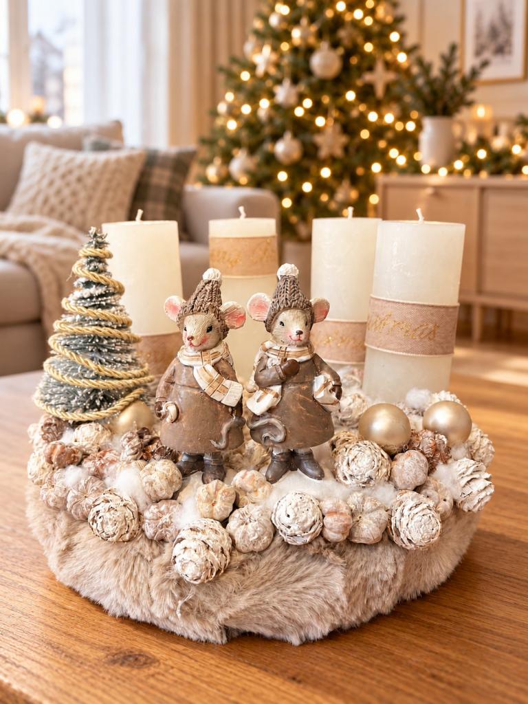 Adventi koszorú egérpárral, bézs-krém, 24cm 1