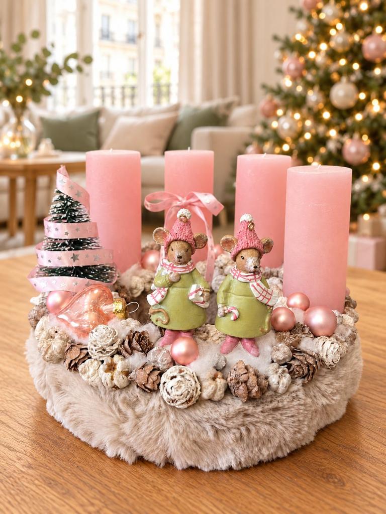 Adventi koszorú egérpárral, púder-zöld, 24cm 1