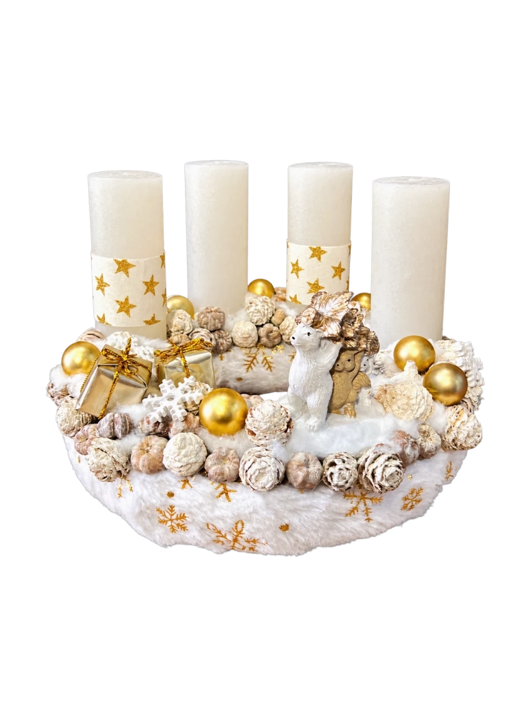 Adventi koszorú jegesmedvével és mókussal, fehér-arany, 28cm 1