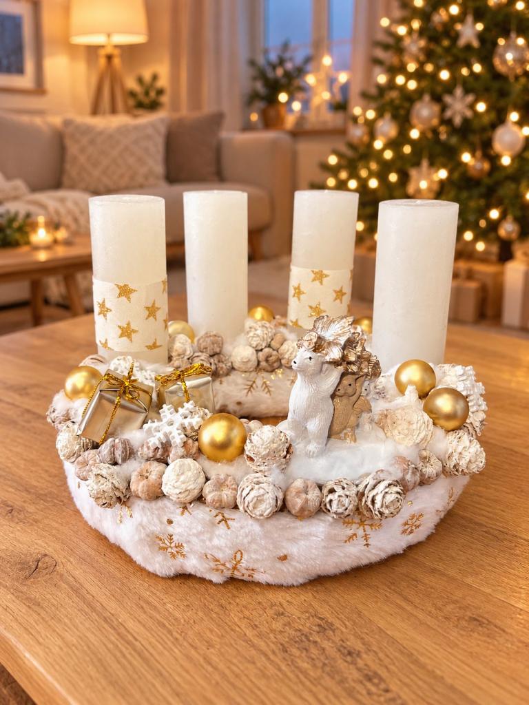 Adventi koszorú jegesmedvével és mókussal, fehér-arany, 28cm 1