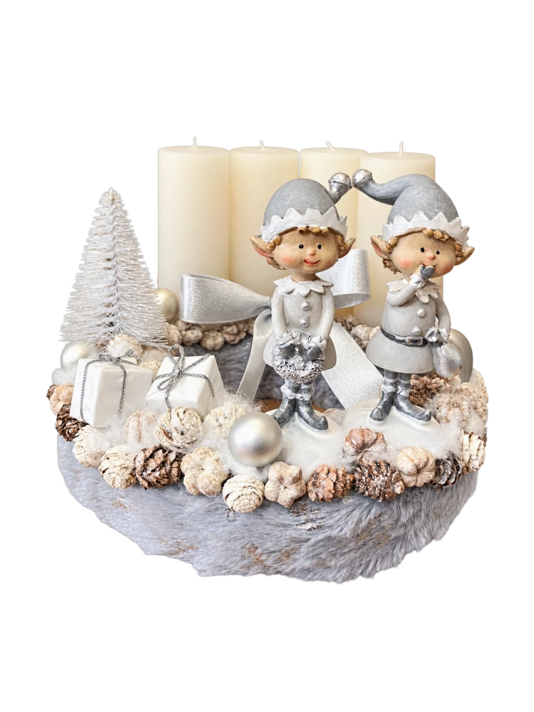 Adventi koszorú manókkal, ezüst-fehér, 24cm 1