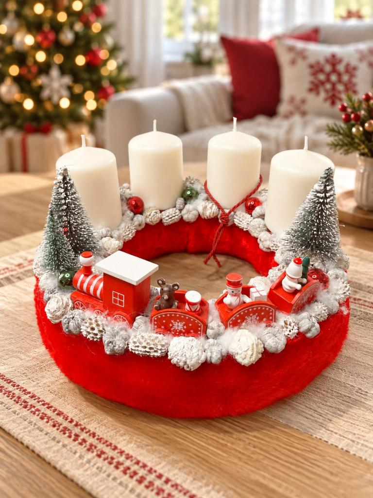 Adventi koszorú piros vonattal 1