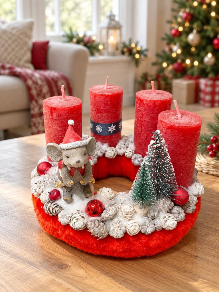 Adventi koszorú síelő egérrel piros színű 1