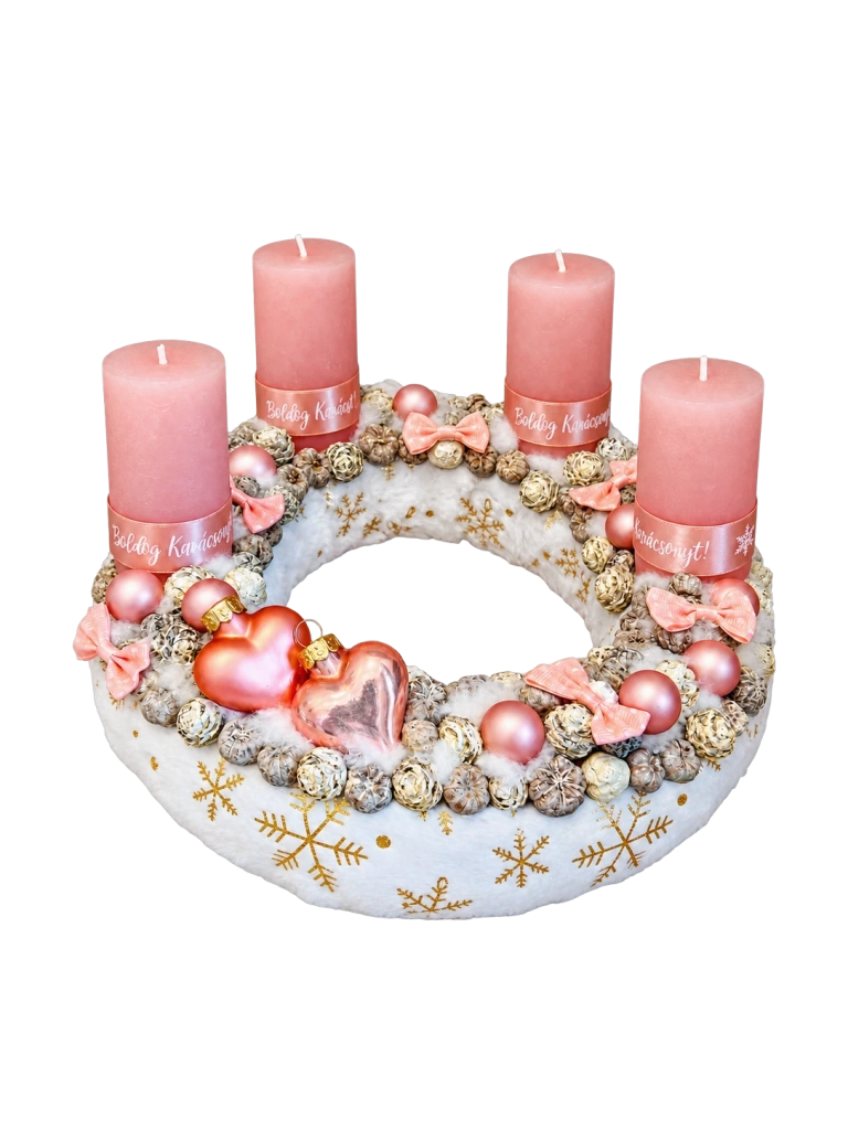 Adventi koszorú szívvel, púder színű 1