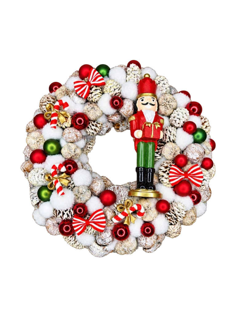 Fehér-piros-zöld adventi kopogtató diótörővel 1